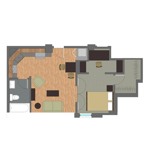 A floor plan of a house with a kitchen, living room, and two bedrooms.